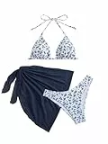 GORGLITTER Damen Bikini Set 3 Teiliger Bikini-Sets mit Blumenmuster Neckholder Badeanzug mit Cover Up Rock Swimsuit Set Dunkelblau und Weiß S