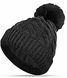 CAOZITOU Mütze Damen, Wintermütze Double Fleece Line Beanie Dehnbar Warme Weich Strickmützen mit Abnehmbarer Bommel für Outdoor Sports Ski (Schwarz)