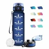 Trinkflasche 1L, Wasserflasche Kohlensäure Geeignet, mit Filte, Auslaufsicher, Motivierende Trinkflasche mit Zeitmarkierung, Leicht zu Reinigen, Wasserflasche für Schule, Camping, Yoga, Reisen