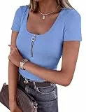 Totatuit Damen T-Shirt Kurzarm Slim Fit Basic Shirts Elegant Rundhals Tops Sexy Stretch Gerippt Oberteile Sommer Casual Einfarbig Tee für Alltag und Freizeit Himmelblau L