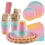 Zosenyer Bunt Partygeschirr, 160 Stück Pappteller Geburtstag Party Deko Set mit Teller Servietten Becher Strohhalme Holz Gabel Messer Löffel für 20 Gäste