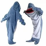 Hai Decke Mit Ärmeln, Shark Blanket Flanell mit Kapuze, Hai Decken Hoodie, Blau Hai Schlafsack mit Füßen, Hai Kostüm Geschenk für Cartoon Pyjamapartys, Tragbare Decke für Erwachsene und Kinder, XL