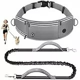 Looxmeer Joggingleine Hunde mit Bauchgurt, Freihändig Hundeleine für Große und Mittelgroße Hunde mit Dual Griffe, Reflektierende Laufleine Bauchgurt Hundeleine zum JoggenLaufen, 1.6-2.2M, Grau