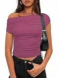 OYIGELZ Schulterfreies Oberteile Damen Tshirt Basic Kurzarm Y2K Slim Fit Klassischer Schnitt Crop Tops Einfarbig Shirt Sommer Casual Tee Shirts(Altrosa-L1,S)