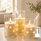 Kiexung LED Kerzen mit Lichterkette, 3er Set Elfenbein – flammenlose Kerzen mit Fernbedienung & Timer, batteriebetriebene Plexiglas Kerzen für Wohnzimmer, Weihnachten, Hochzeit & Tischdeko