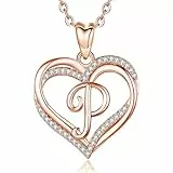 NFUSEU P Kette mit Buchstaben, Doubleherz Anhänger Rosegold A-Z Schmuck Cubic Zirkonia CZ 20 Zoll Kette niedliche Geschenke für Mädchen Frau Weiblich