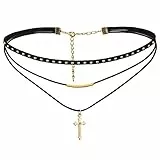 Flongo Damen Choker Halskette Leder Samt Halsband Velvet schwarz mit gold Kreuz Cross Anhänger Punk Gothic Kette Lederband Verstellbar für Mädchen Herren Frauen Halloween Kleid Kostüm