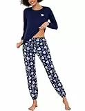 Bresdk Schlafanzug Damen Lang Pyjama Baumwolle Winter Nachtwäsche Herz-Print Schlafanzughosen mit Tasche Warmer Pijamas Set Zweiteilige Schlafanzüge Blau M