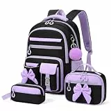 Amythe Schulrucksack Mädchen 3 Teilig, Schulranzen Kawaii 3. bis 7. Klasse mit Lunch Tasche Federmäppchen Gymnasium Fliege Dekoration mit Anti-Diebstahl-Tasche 24L-Lila Schwarz