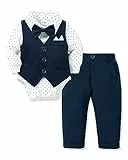 Baby Junge Anzug Taufe, Neugeborenen Taufanzug Hochzeitsoutfit Partei Babykleidung Strampler + Bowtie + Vest + Pants Set Marineblau 6-12 Monate