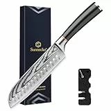 Sunnecko Santoku Messer Damastmesser 17cm, Hochwertiges Küchenmesser aus VG-10 Stahl, Fleischmesser mit Ergonomischem Griff, Schärfes Kochmesser für Lebensmittel