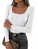 Litherday Damen Langarmshirt Elegant Gerippt Oberteile mit Eckigem Ausschnitt Stretch Baumwolle Slim Fit Basic T-Shirt Langarm Casual Tops Einfarbig
