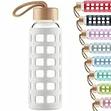 Cleesmil Sport Trinkflasche Glas Wasserflasche mit Silikonhülle mit Bambus Deckel 1000 ml (Weiß)