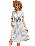 KOJOOIN Damen Sommerkleid V Ausschnitt Tunika Midikleid Plissiert Wickelkleid Kurzärm Casual Kleid A-Linie Freizeitkleid mit Gürtel, Lila Blume-1, L