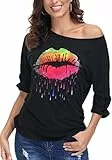 DOTIN Damen T-Shirt 80er Jahre Sexy Lippen Drucken One-Shoulder-Shirt Kurzarm Sommer Oberteil Casual Bluse Tops, Schwarz-5, M