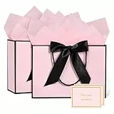 MtnLaur Geschenktüten 2 Stück, Geschenktüten mit Griffen Schleifenband, Mittlere Papier-Geschenktüte Set mit Seidenpapier+Grußkarte, für Mädchen Frauen Geburtstag Hochzeit Baby shower (Rosa)