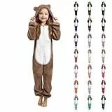 Generisch Teddy Schlafoverall Kinder,Warm Einteiler Schlafanzug Mädchen mit Kapuze und Reißverschluss,Weich Bequem Jumpsuit Pyjama Jungen,Plüsch Overall Onesie Kinder Von 3 Bis 13 Jahre