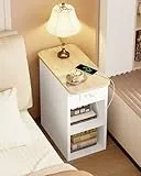 IRONCK Nachttisch schmal, Beistelltisch mit Steckdose 2 AC, 2 USB-Anschlüsse, Holz Sofatisch, Couchtisch mit Flip geheimfach, 2 offene Fächer, Nachtschrank für Wohnzimmer, Schlafzimmer,Weiß