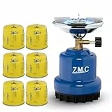 Z.M.C Campingkocher 1 flammig 1100 W + 6x Gaskartuschen 190 g, Gaskocher für Camping 13x20 cm, Kohlenanzünder, Mini Camping Gas Kocher, Anzünder für Camping, Festivals oder Wanderungen