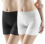 4How Damen Panties Unterziehhose Shorts Unter Rock/Kleid Kurze Hotpants mit Spitze Höschen Unterwäsche 36-42 2er Pack Schwarz + Weiss
