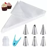 HAKACC 100 Stück Spritzbeutel Einweg, Mit 6 Edelstahl Spritztüllen, 1 Kupplung & 1 Klammer, Ideal für Kuchendekoration, Backen & Party-Deko