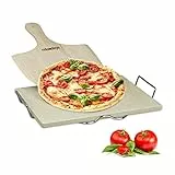 Relaxdays Pizzastein Set 1,5 cm Stärke mit Metallhalter und Pizzaschieber aus Holz HBT 1.5 x 38 x 30 cm rechteckiger Brotbackstein für Pizza und Flammkuchen mit Pizzaschaufel für Pizzaofen, natur