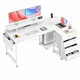 Claiks Schreibtisch L Form mit 4 Stoff Schubladen, 140x80 cm Eckschreibtisch mit USB-Ladeanschluss und Steckdose, L förmiger Schreibtisch mit Monitorablage für Büro, Weiß