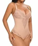 YARRCO Shapewear Damen Bodysuits Bauchweg Formende Body Shaper Figurformende Unterwäsche Shaping Miederbody Formbody Spitze Miederslips Tanga String (Beige, 2XL)