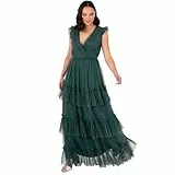 Anaya with Love Damen Women's Maxi Ladies Short Sleeve V-Neck Wrap Tiered Ruffle Tulle A-line Wedding Guest Bridesmaid Prom Ball Gown Dress, Emerald Green, 40 EU