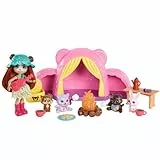 Enchantimals-Puppe und Zubehör, Zeltabenteuer-Kuschelfreunde-Spielset, Puppe und Bester Tierfreund, Schlafsack, Lagerfeuer und vieles mehr, Geschenke für Kinder, HTW71