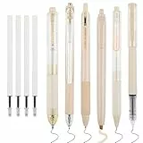 WINKIO 0.5mm Gelschreiber, 6 Stück Aesthetic Gelstifte Schnell Trocknende Gel Pen mit 4 Nachfüllminen, Einziehbare Kugelschreiber Schwarz +Farbiger Textmarker(Gelb)