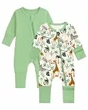 JiAmy Baby Schlafanzug 2er-Pack Neugeborene Baumwolle Langarm Zip Strampler mit Füßen Bekleidung für Baby Junge Mädchen 0-3 Monate Grüne Tiere