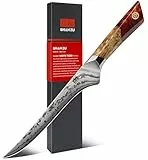 SHAN ZU Damast Filetiermesser, Japanisches Ausbeinmesser aus SG2-Pulverstahl, Handgeschmiedetes 18cm Fisch Filiermesser aus 91 Schichten Damaststahl, Ergonomischer Ahorngriff – WHITE TIGER Series