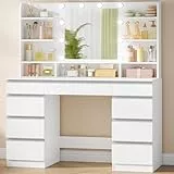 Hzuaneri Große Schminktisch mit LED-Beleuchtung, 10 LED-Lichtkugeln, 3 Farben, einstellbare Helligkeit, Frisiertisch mit Spiegel, 9 Schubladen, 9 offenen Ablagen, moderner Stil, Weiß-Silber DT35703WV1