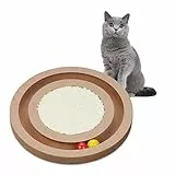 Relaxdays Katzen Kratzbrett, Ø 27,5 cm, MDF & Sisal, Katzenspielzeug Beschäftigung, Kratzrondell mit Kugelbahn, Natur