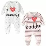 aomomo Baby Strampler Set 2-teilig „I Love Mummy & Daddy“ – Langarm Baby Schlafanzug aus Baumwolle, Unisex Neugeborenen Overall für Jungen & Mädchen (DE/NL/SE/PL, Alter, 3 Monate, Weiß)