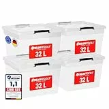 ATHLON TOOLS 4x 32 L Aufbewahrungsboxen mit Deckel, lebensmittelecht - Verschlussclips - 100% Neumaterial Plastik-Box transparent - Kleiderboxen stapelbar…