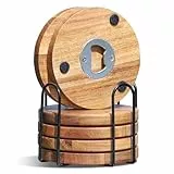 WLWNWFT Untersetzer Gläser Holz 6er Set, Glasuntersetzer Holz mit Flaschenöffner, Bierdeckel Untersetzer rund für Gläser, für Getränke, Bar, Tassen, Glas, Tischuntersetzer