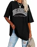 Ebifin Oversize T Shirt Damen Vintage Kurzärmeliges Rundhals Los Angeles Oberteile Tops Casual Lockere Basic Sommer Tee Shirts Bluse.Schwarz.M