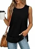 XIEERDUO Tank Top Damen Ärmellose T Shirt Rundhals Ausschnitt Sommer Oberteile Damen Elegant Top Damen Passform Longshirt Schwarz L