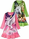 SOIBEEN Mädchen-Nachthemd, 3D-Nachthemd, 2er-Pack, Nachthemd, Baumwolle, Nachtwäsche für Mädchen von 2–9 Jahren, Unicorna, lang, Grün, Violett, 4-5 Years