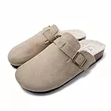 JOMIX Pantoletten Damen Winter Geschlossen Hausschuhe mit Kork Fußbett Bequeme Leder Plüsch Gefüttert Pantoffeln Flach Clogs rutschfeste Gartenschuhe (MD2439, Beige, 39 EU)