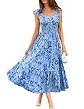 GRACE KARIN Damen Elegant Blumenkleid, Rüschenärmel V-Ausschnitt Kleid Damen Sommer mit Tasche, Sommerkleid Damen Leicht Strandkleid Blau-Hellblau Blumen M
