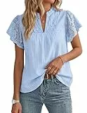 GRACE KARIN Damen Spitzen Baumwolle Bluse Elegante Henley V-Ausschnitt Oberteile Rüschen Kurzarm Sommer Top Hellblau XL