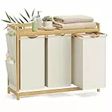 SONGMICS Wäschekorb 3 Fächer, Bambus, Wäschesammler 150 L, Wäschesortierer, mit Ablage, Wäschesack, kleine seitliche Taschen, Wäscheregal, 3 x 50 L, 94 x 33 x 78 cm, cremeweiß RLH115W01