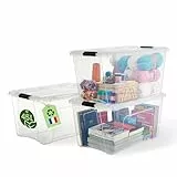 Iris Ohyama, Kunststoff-Aufbewahrungsbox mit Deckel, 45L, 3er-Set, Transparent, 98% recycelter Kunststoff, Verschlussclips, Griff, Stapelbar, Fürs Schlafzimmer, Ankleidezimmer, Büro, BPA-frei, BSB-45