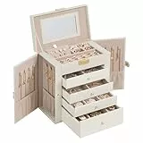 SONGMICS Schmuckkästchen 5 Ebenen, Schmuckkasten mit 4 Schubladen, viel Stauraum, innen mit Spiegel, abschließbar, Schmuckaufbewahrung, Geschenk für Ihre Liebsten, für Uhren, weiß JBC153WD03