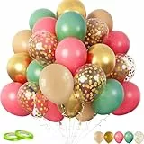 Luftballons Retro Grün Rosa, 30 Stück Rosa Sage Grün Latex Ballons, 12 Zoll Salbeigrün Aprikose Altrosa Helium Ballon, Gold Konfetti Ballon für Mädchen Dschungel Safari Geburtstag Babyparty Party Deko