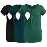 Smallshow Damen Stillshirt Kurzarm Stillen Tshirt Umstandsmode Top 3er Pack,Black-Deep Green-Teal,XXL