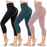 FuelMeFoot Damen 3/4 Leggings Capri 3er Pack High Waist Schwarz Leggins Sommer Blickdicht Yogahose für Sport Gym Lauf. B3-Schwarz/Dunkelgrün/Rosa XXL/3XL